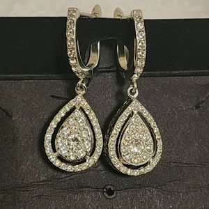 White Diamond Teardrop Halo Cluster Drop Earrings